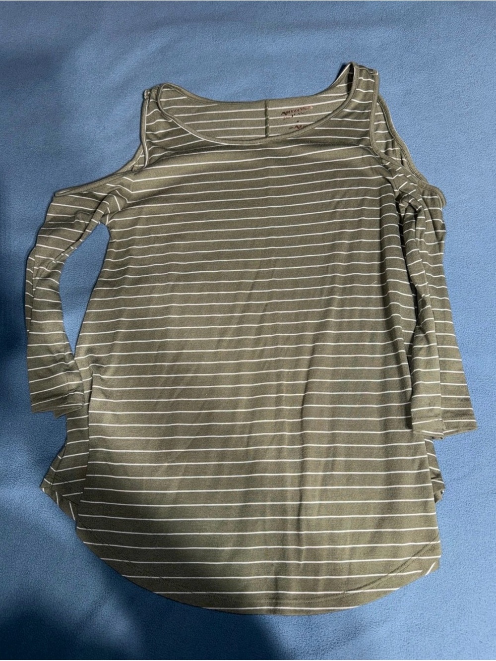 Arizona Love Olive Striped Cold-Shoulder Top